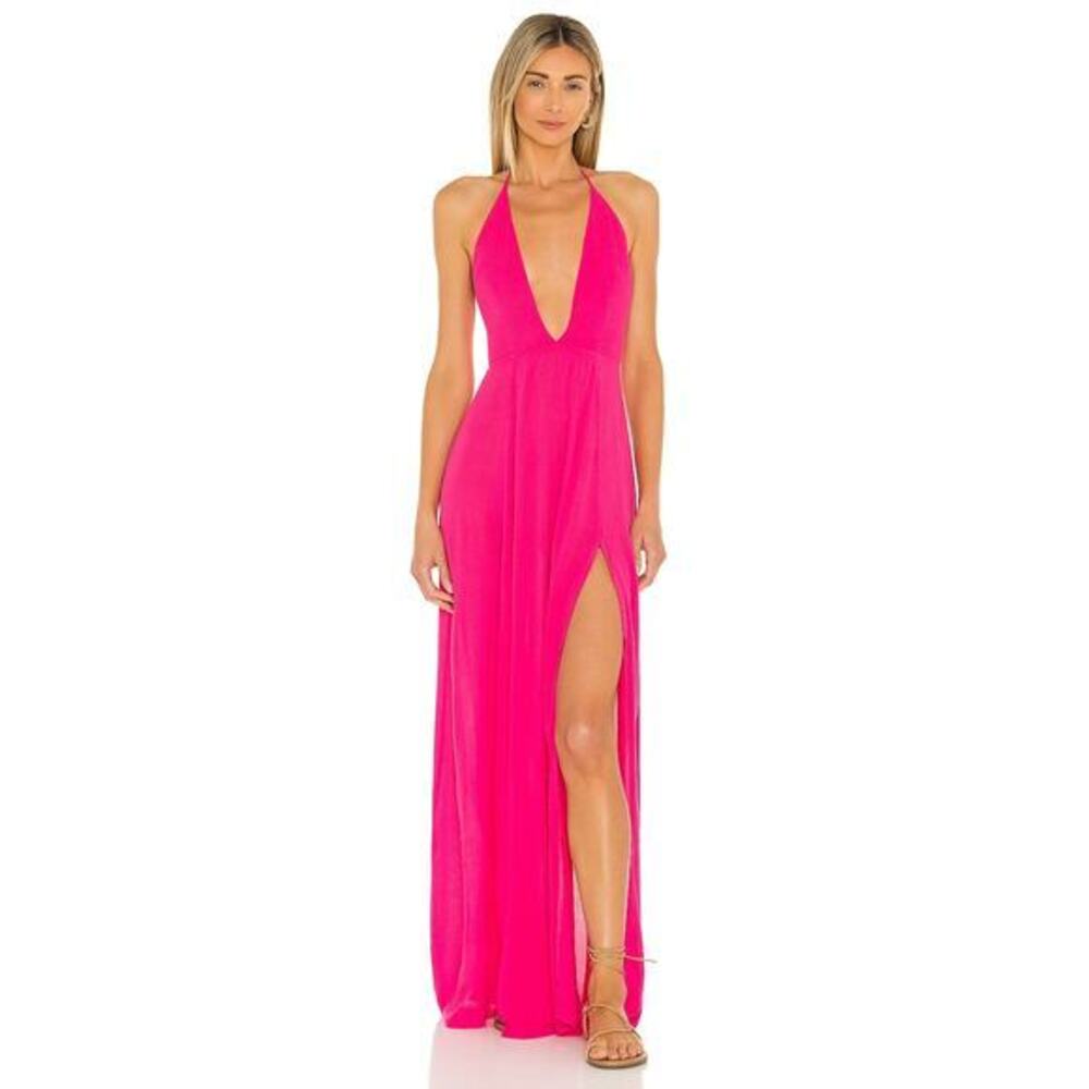 superdown Women's Pink Halter Crinkled Slit Maxi Dress‎ XS V-Neck